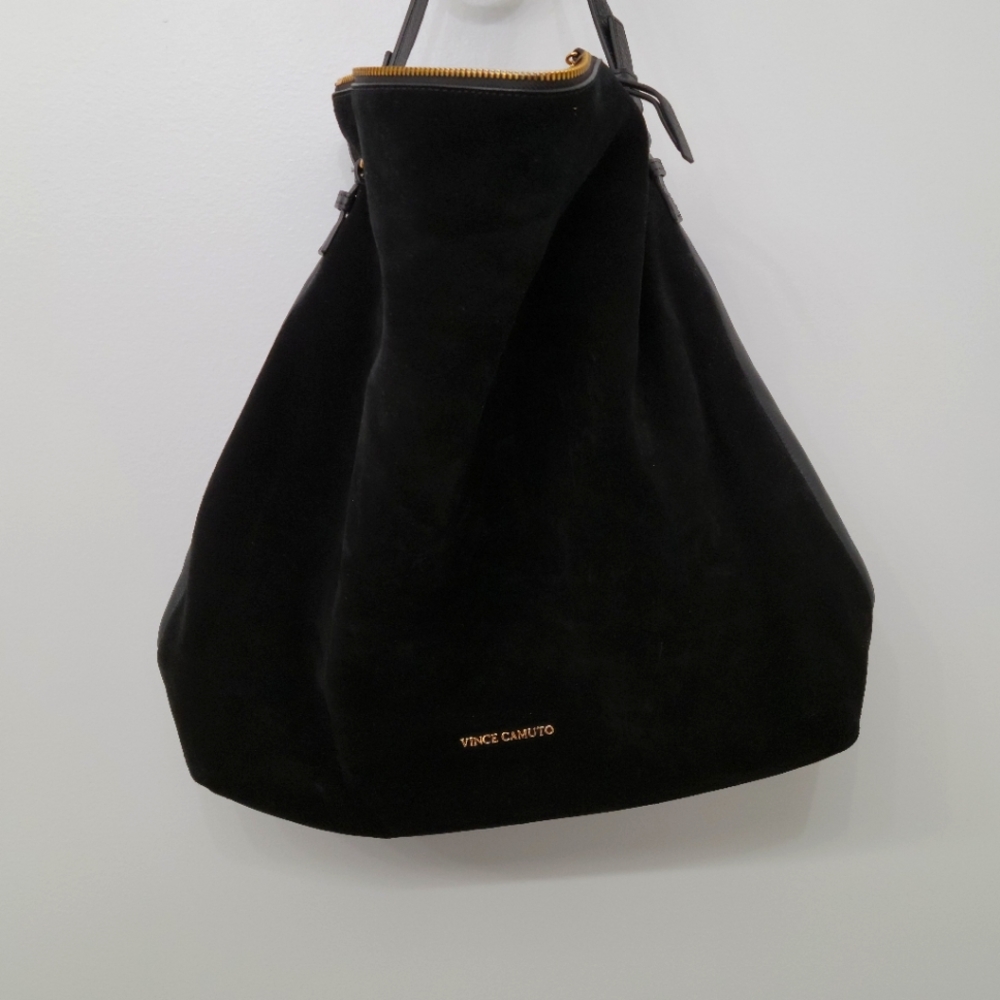 Suede & Leather Short Strap Black Medium Hobo Bag